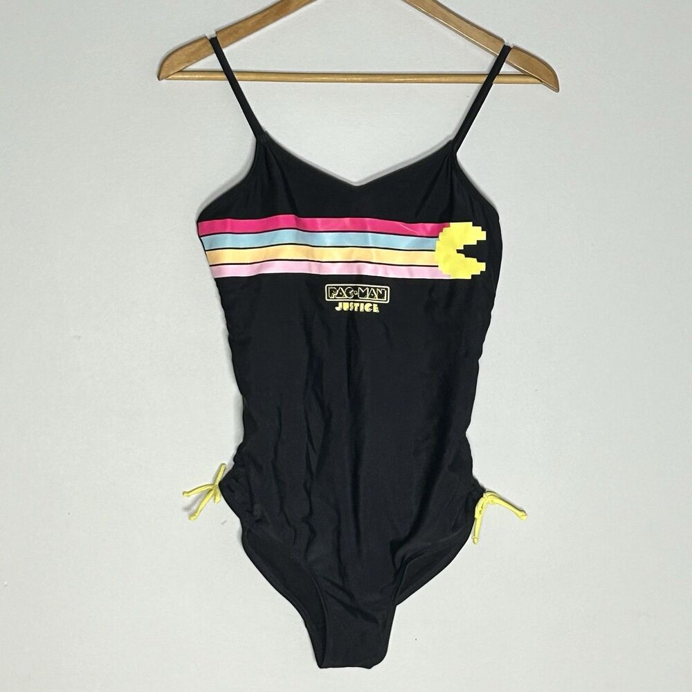Pac-Man Justice One Piece Swimsuit XL 16‎ 18 Retro Tie Side Black
